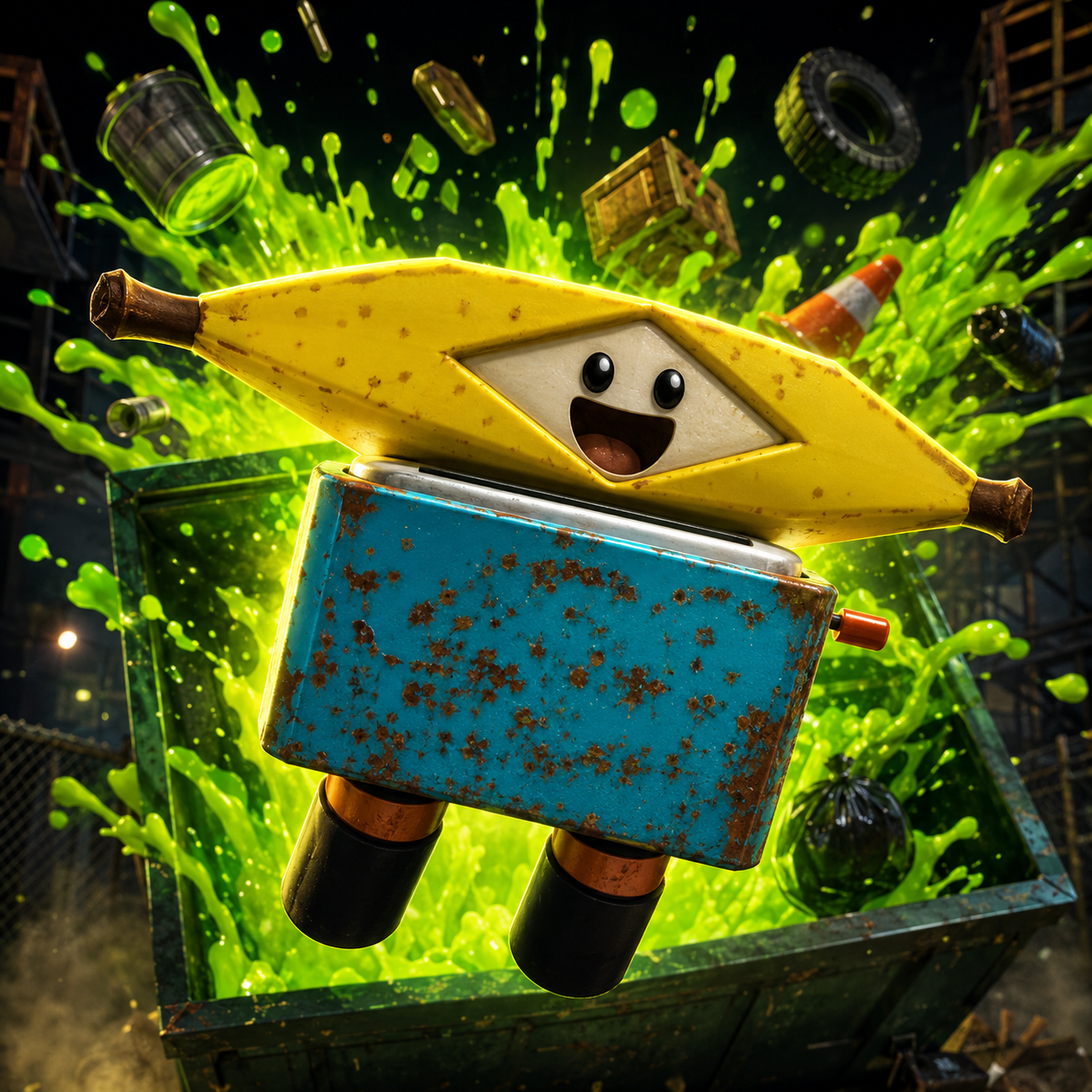 Toastanana flying out of a dumpster with green Goop